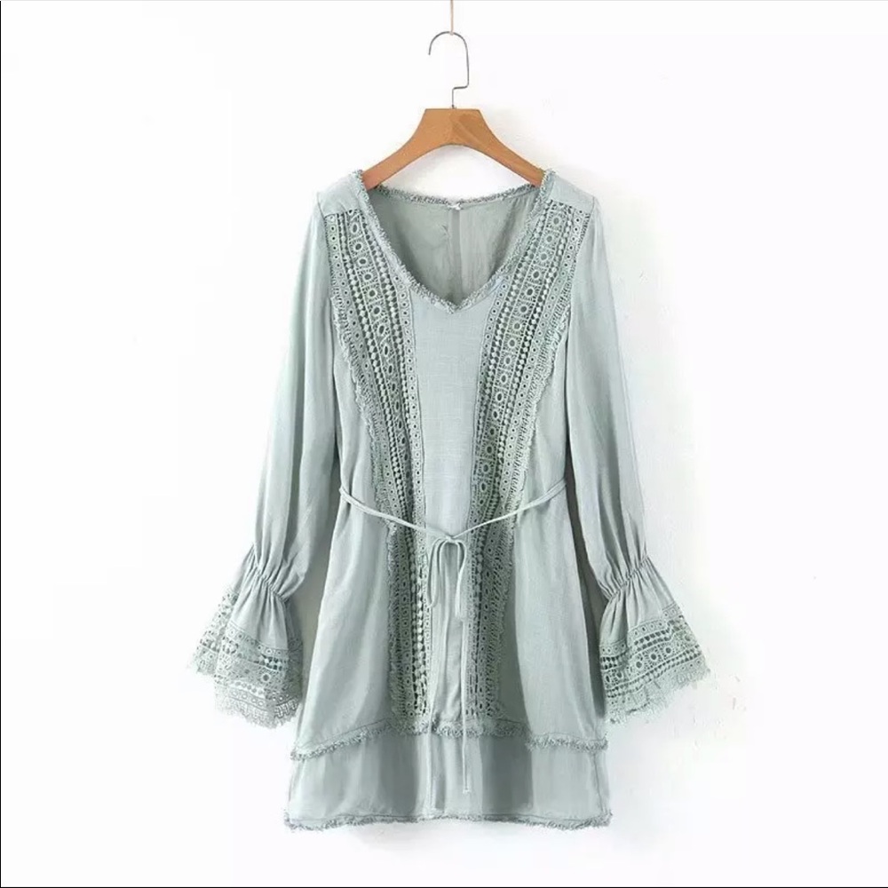 Crochet Fringe Bell Sleeve Boho Gypsy Dress Mint - Picture 5 of 12